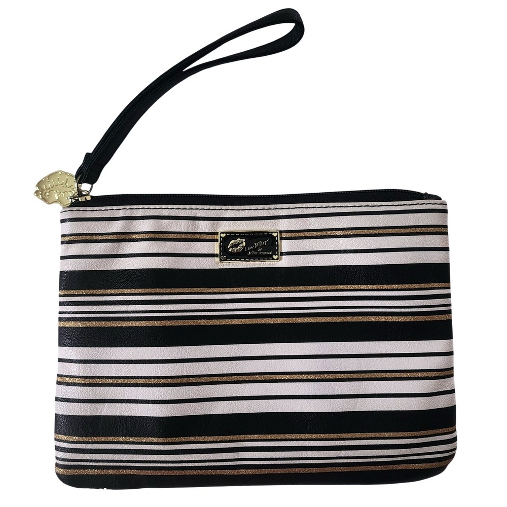 Betsey Johnson Black White Gold Stripe Wristlet Pouch Clutch Bag